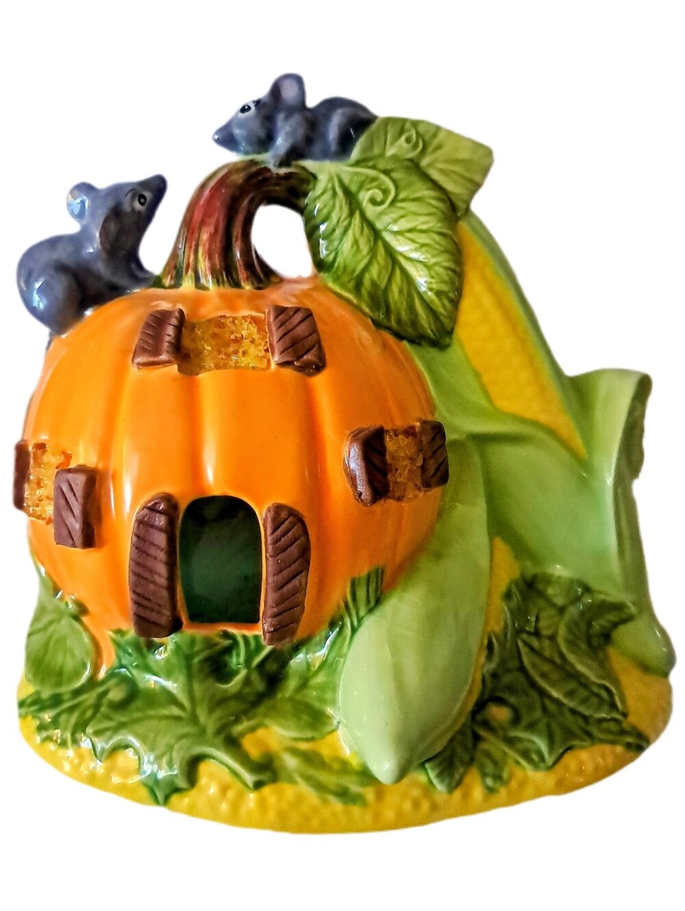 Vintage Ceramic Pumpkin Tea Light House Faux Stained Glass Fall Cottagecore